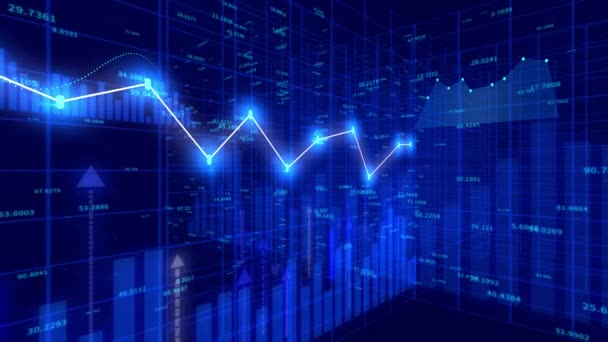 Gráfico de estoque financeiro 4K, tecnologia de negócios Gráfico hud de tendência de dados, linha de nó econômico. — Vídeo de Stock