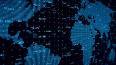 Dünya haritalı 4k iş dijital veri duvarı, finans rakamları, küresel ekonomi.