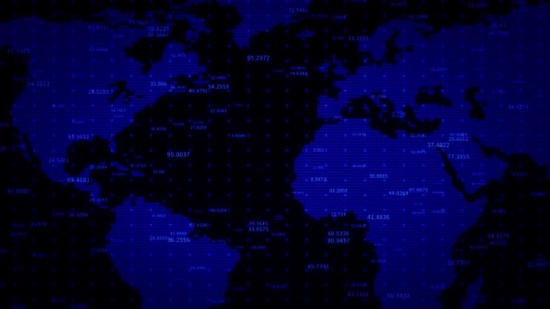 Parede digital dos dados do negócio 4k com mapa do mundo, figuras financeiras, economia global. — Vídeo de Stock