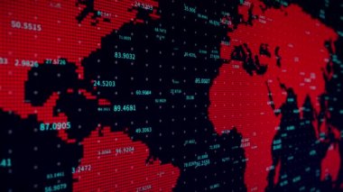 Dünya haritalı 4k iş dijital veri duvarı, finans rakamları, küresel ekonomi.