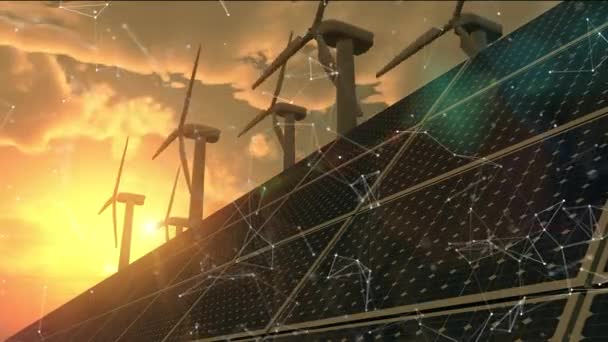 Сонячні батареї і вітрогенератори, підключені до розумної мережі.timelapse схід сонця . — стокове відео