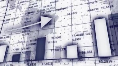 Artan ok ve çubuk istatistikleriyle 4k HUD grafiği, dijital veri duvarı, Küresel ekonomi