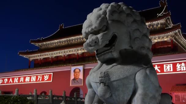 Antigo leão de bronze em frente à Cidade Proibida à noite, China Centro político. — Vídeo de Stock