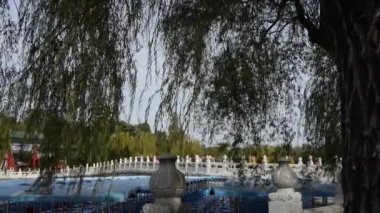 Çin Pekin antik mimarisi Beihai Park beyaz kulesi söğüt adasında.