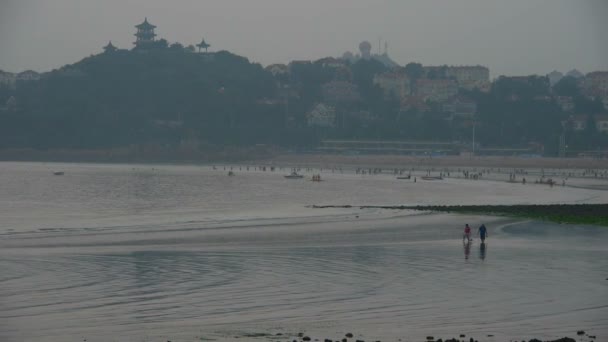 Tourist play at sand beach.secluded island.tide, maré. — Vídeo de Stock