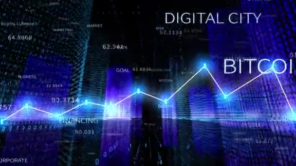 Фінансова діаграма 4K, бізнес-тенденція на графік, цифрове місто, блокчейн хмарне слово . — стокове відео
