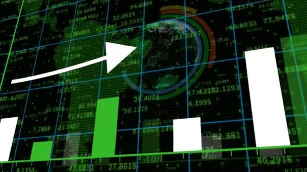 Gráfico 4k HUD com as estatísticas de seta e barra ascendentes, parede de dados digital, economia global — Vídeo de Stock