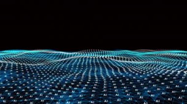 4k Dijital Mavi Parçacık Dalgası AI sözcüğü ile dalga ve ışık üzerinde dans.