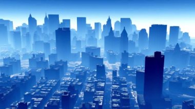 Şehir binasının 4k hava görüntüsü, güneş ışığı altında gökdelenlerden uçuyor, kemer.