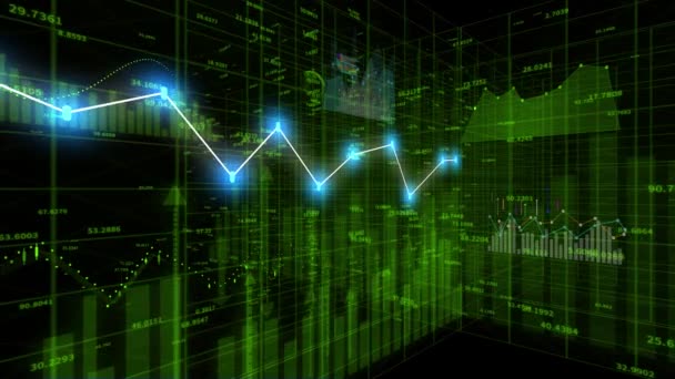 Gráfico de estoque financeiro 4K, tecnologia de negócios Gráfico hud de tendência de dados, linha de nó econômico. — Vídeo de Stock