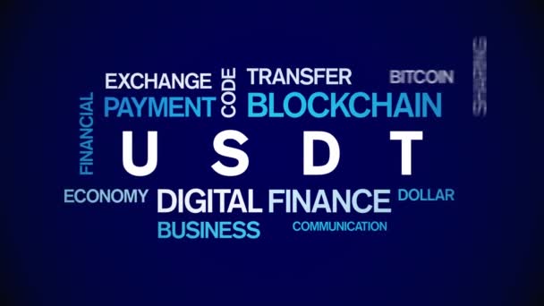 4k USDT Animated Tag Word Cloud, Tether Text Kinetic Typography loop sem costura. — Vídeo de Stock