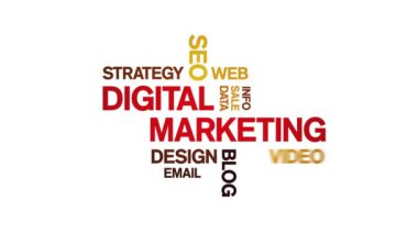 Dijital Pazarlama Animasyon Kelime Bulutu, Metin Tasarım Animasyonsuz Döngü.