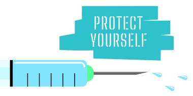 Kendini yazıtlardan koru. Coronavirus covid 19 hakkındaki reklam panosu tasarımı. Aşı spreyli büyük düz şırınga. Küresel salgınla mücadele. Virüse karşı aşı. Hastane posteri.