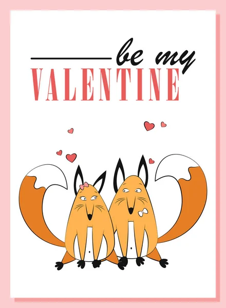 バレンタインデーのギフトカードのデザイン 愛の面白い手描きのキツネ ピンクのハートのロマンチックなポストカード 創造的な休日の設計2月14日 美しいかわいい漫画動物 パステルカラー カップル — ストックベクタ