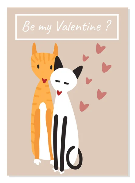 碑文とかわいいポストカード私のバレンタインになります 愛の抱擁で猫のカップル バレンタインデーのための創造的な贈り物 彼氏と彼女とデート中 ピンクと赤のハートのベージュのポストカード — ストックベクタ