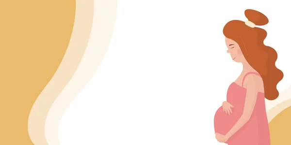 Perinatal merkez, annelik hastanesi, annelik ve aile planlaması için pankart tasarımı konsepti. Genç, güzel, kızıl saçlı hamile, beyaz kadın koca göbeğini tutuyor.