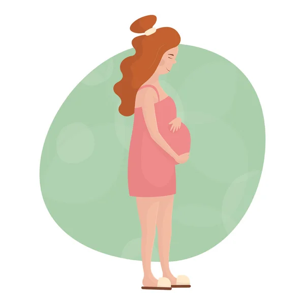美丽的怀孕的年轻白人妇女把她的手放在肚子上 分娩和母性快乐 可爱的女孩笑着快乐着 设计标签 广告牌的平面插图 — 图库矢量图片