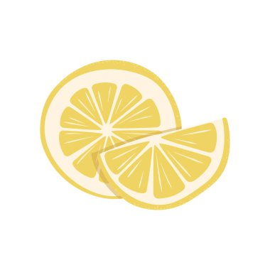Güzel sarı sulu taze limon dilimi. Yuvarlak ve yarı dairesel ekşi narenciye parçaları. Çaya, limonataya, meyve suyuna, içeceğe, yiyeceğe, pastaya ek olarak. Grafik tasarımı için element