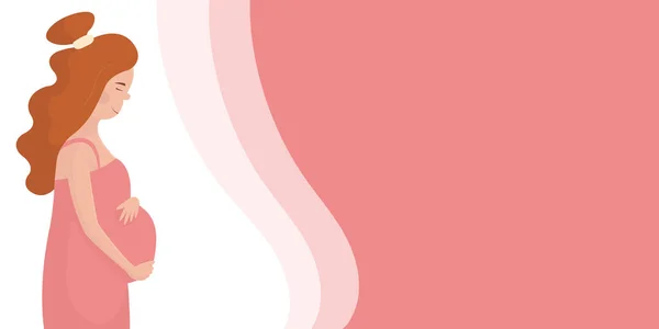Sancak tasarım şablonu, doğum hastanesi, perinatal merkez, hamile anneler için okul. Genç, beyaz, hamile bir kadının karikatür düz çizimi. Mutlu hamilelikler, annelik. Poster arkaplanı