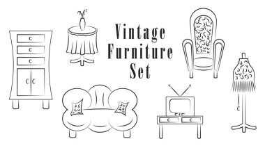 Klasik mobilyalar ve iç malzemelerden oluşan basit doğrusal bir set. Nesneler, klipler, arkaplan tasarımı elemanları, web sitesi düğmeleri, sosyal ağ simgeleri. Antika gardırop, komodin, televizyon, kanepe, koltuk.