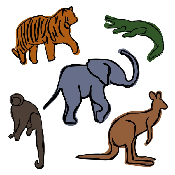 Set Different Wild African Tropical Animals Funny Children Drawings Style — Stock Vector