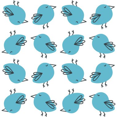 Karalama kuşlarıyla şirin, mavi, pürüzsüz bir desen. Giysiler, yatak örtüleri, kapaklar, bebek odası duvar kağıtları, ambalaj kağıtları için güzel tekstil tasarımı. Bebek odası için duvar dekoru. Doğal soyut yazdırma