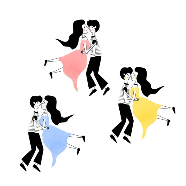 一组舞伴 年轻人在华尔兹中打转 那家伙把女孩抱在怀里 支持拉丁舞 广告舞蹈课 复古舞会的最简单的漫画插图 — 图库矢量图片