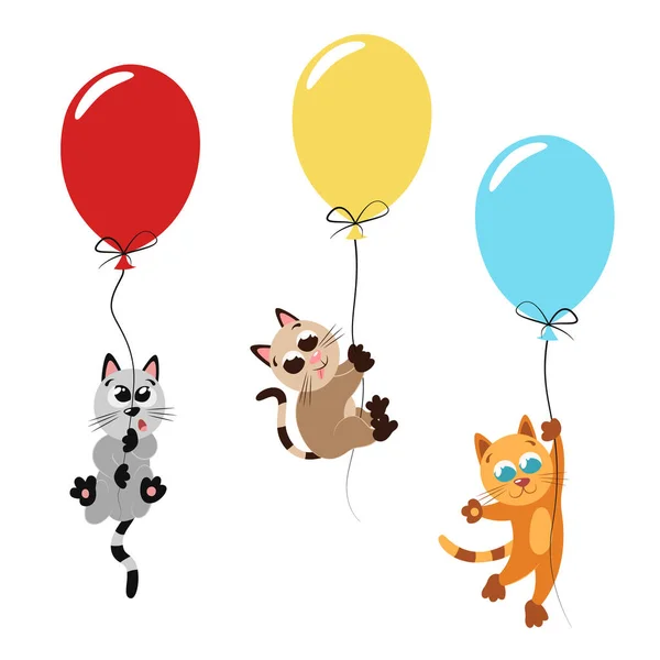 Renkli balonlarla gezen sevimli kedi yavruları. Çocuk odası dekoru için komik bir kedi tasviri. Poster, tebrik kartı, bebek partisi davetiyesi için sevimli çocuk çizimleri koleksiyonu. Güzel yazdırma