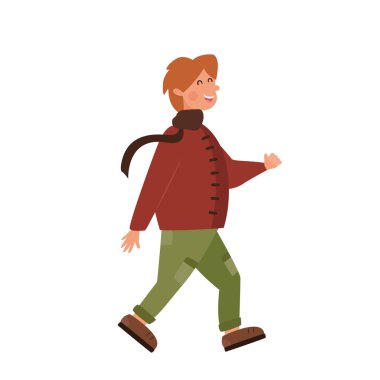 Sonbahar yürüyüşüne çıkmış komik tombul çocuk. Mutlu kızıl saçlı okul çocuğu gidiyor. Kırmızı ceketli ve atkılı bir çocuk. Çocuk kitabı, okul kitabı, anaokulu tabelası için basit renk düz çizimi