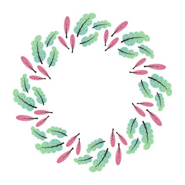 Çok güzel bir yaz çelengi. Yapraklardan ve ağaçlardan oluşan basit bir çerçeve. Ortasında yazı için yer var. Tebrik kartı, düğün davetiyesi, etiket ya da amblem tasarımı için hafif bir doruk noktası