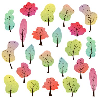 Yaprak döken büyük karikatür ağaçları koleksiyonu. Farklı şekil ve renklerde bitkilerle dolu bir peri masalı ormanı. Eğilimler. El çizimi ve karalama stili. Tebrik kartı tasarımı için bebek çizimi