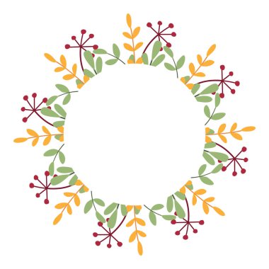 Beautiful autumn decorative wreath of leaves, branches and berries. Round floral frame for greeting cards. Traditional Thanksgiving decor. Simple clipart for a postcard with space for text in center