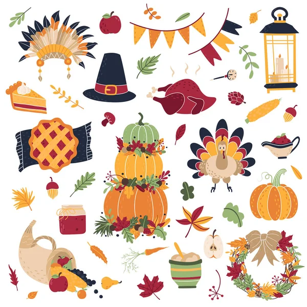 感恩节收集了大量的物品和物品 传统的菜肴 装饰都是为美国国定假日准备的 贴纸设计的要素和要点 — 图库矢量图片