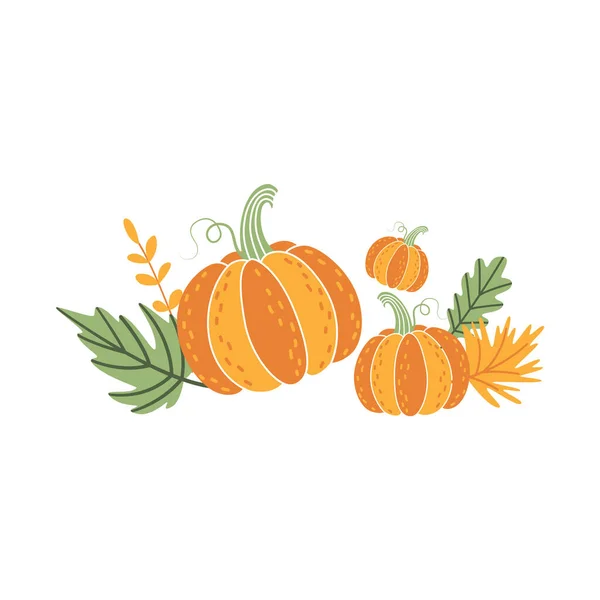 Classic Autumn Composition Ripe Pumpkins Fallen Leaves Cute Clipart Element — Image vectorielle