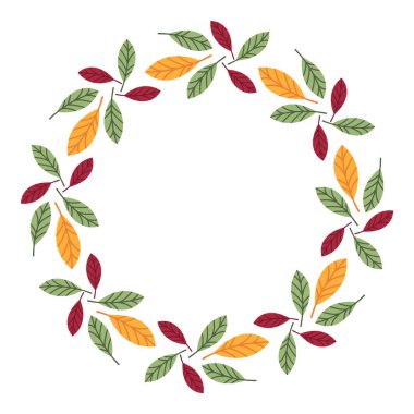 Düşen sonbahar yapraklarının basit yuvarlak çelenkleri. Tebrik kartları, davetiyeler, etiketler için çok renkli çiçek çerçevesi. Kopyalama. Element, clipart, grafik tasarımlar için nesne. Şükran Günü dekorasyonu.