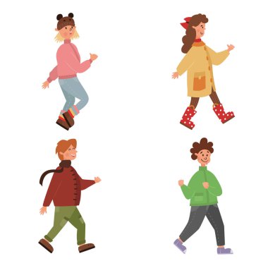 Cartoon set of cute kids in motion. Funny school boys and girls are walking. Bright flat illustration of people in autumn or spring clothes. Children in kindergarten or elementary school. Childhood