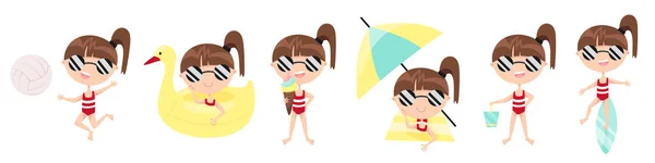 Set Cool Summer Active Mascot Character Collection Cartoon Illustrations Beach — Stok Vektör