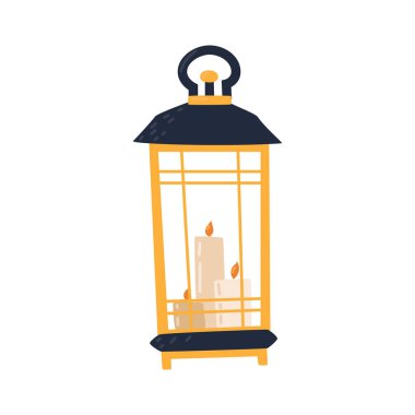 Beautiful old street lamp with candles. Classic portable candlestick. Autumn yard decor for Thanksgiving, Halloween, harvest day. Festive lighting for the house. Cozy cute flat doodle illustration.