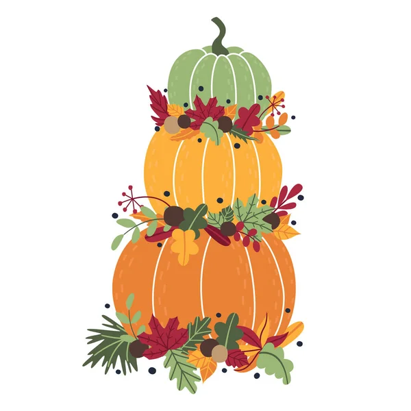 Traditional Autumn Tall Composition Ripe Pumpkins Fallen Leaves Twigs Beautiful — Image vectorielle