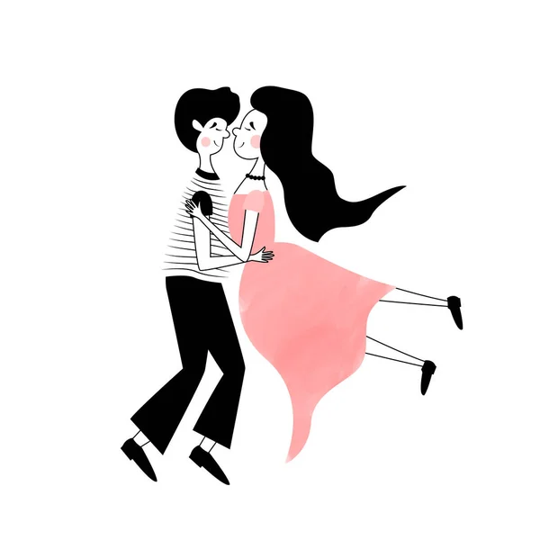 美丽的一对恋爱中的卡通情侣在跳舞中打转 很好地描述了活跃的年轻人 舞蹈课 复古迪斯科 拉美派对 标志设计 标志的客户 — 图库矢量图片