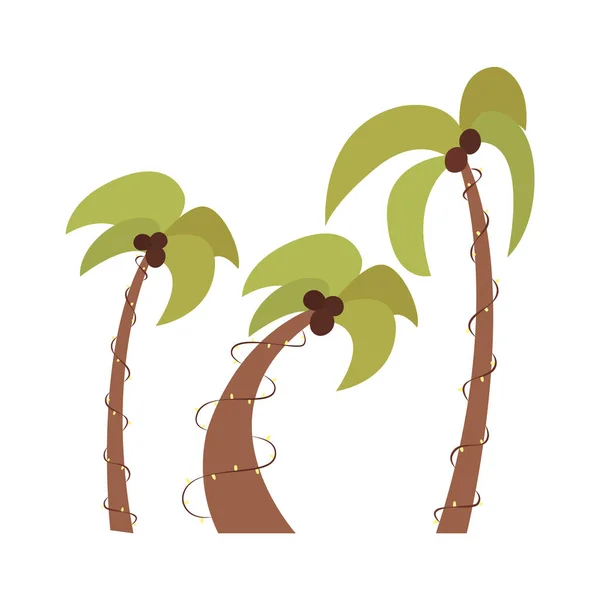 トランクにガーランドと漫画の熱帯ヤシの木のセット 単純なフラットクリップ部品 オブジェクト 夏のバナー チラシ カード ポスターのデザインのために エンブレム ラベルのアイテム エキゾチックな植物 — ストックベクタ