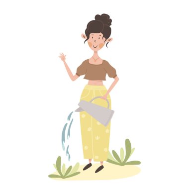 Sevimli çizgi film karakteri düz kız bahçıvan. Çiçekleri teneke kutuyla sulayan genç bir kadının stilize edilmiş çizimi. Bahçedeki mutlu yaz karakteri nazikçe elini sallıyor. Çiftlik hayatı. Açık hava hobileri.