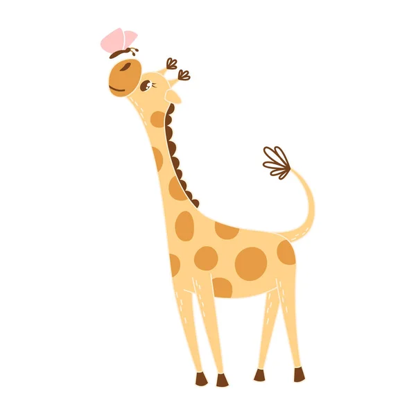 Cute Kreskówki Dziecko Żyrafa Gra Motylem Stylizowany Pastelowy Płaski Ilustracja Ilustracje Stockowe bez tantiem