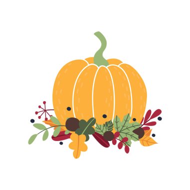 Tatlı sonbahar kompozisyonu olgun sarı balkabağı, düşen yapraklar, dallar, böğürtlenler. Şükran Günü, hasat günü, Cadılar Bayramı, sonbahar festivali, geçit töreni ya da festival için geleneksel öğe içeren düz çizgi film ikonu.