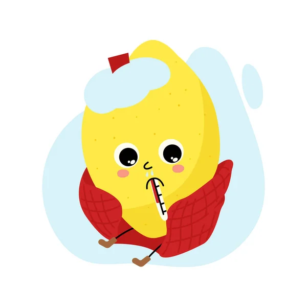 Traurige Zeichentrickfigur Zitrone Kalt Erwischt Lustige Zitrusfrüchte Mit Thermometer Kaltkompresse — Stockvektor