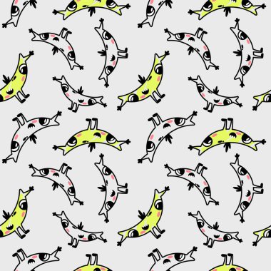 Çizgi filmdeki muz canavarlarıyla kusursuz desen. Çocuk kıyafetleri, bebek tekstili, defter kılıfları, çocuk odası duvar kâğıdı, çocuk yatağı, ambalaj kağıdı..