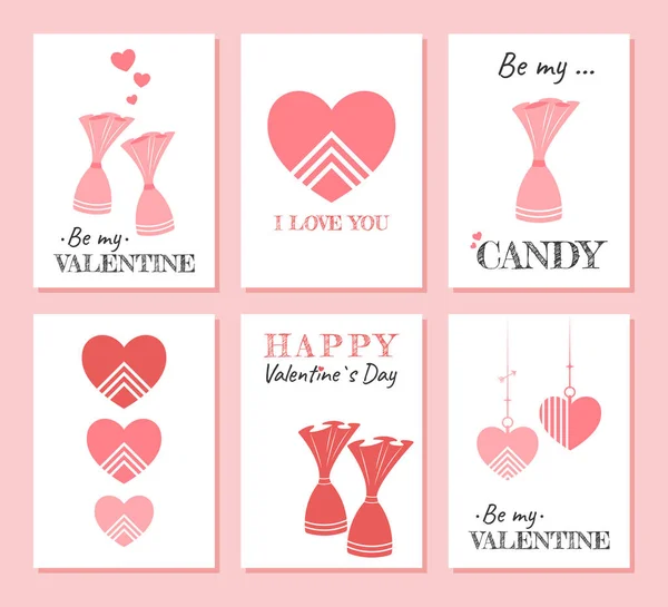 バレンタインデーのグリーティングカードのかわいい休日セット ピンクの心 キャンディーやテキストと美しいポストカードテンプレート 2月14日のためのスタイリッシュなミニマルポスター 愛する人への贈り物 — ストックベクタ