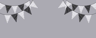 Tek renkli Üçgen Parti Bunting Flags gri arka planda köşelerde