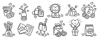 Sevgililer Günü karalama seti. Sevimli aşk ikonları koleksiyonu. Renklendirme için çizgi sanat vektörü illüstrasyonu.