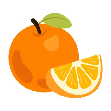 Yeşil yapraklı taze tam portakal meyvesi ve beyaza izole edilmiş sulu dilimler.